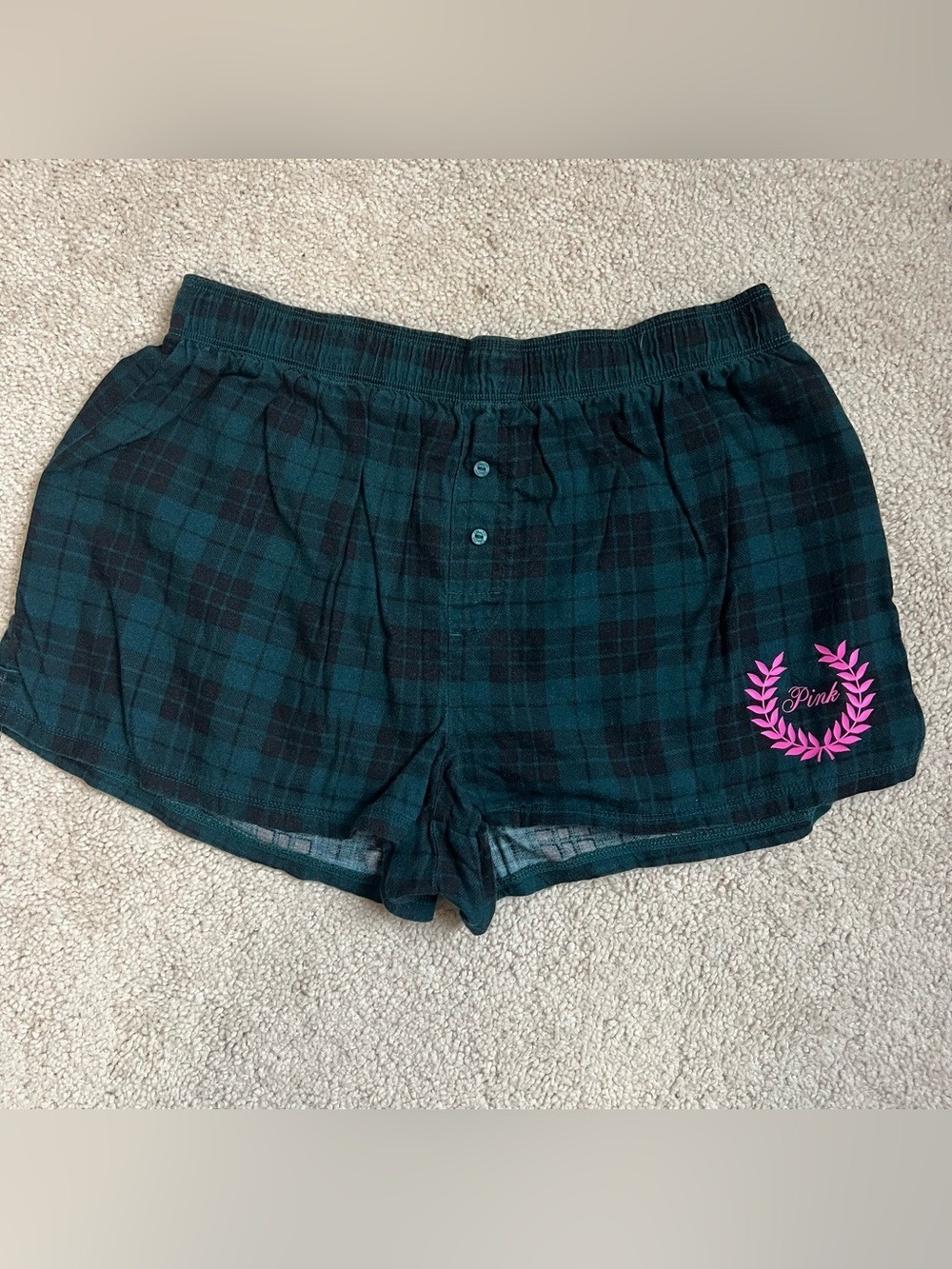 PINK Victoria's Secret S Dark Green and Black Plaid Lounge Shorts with Pink Logo